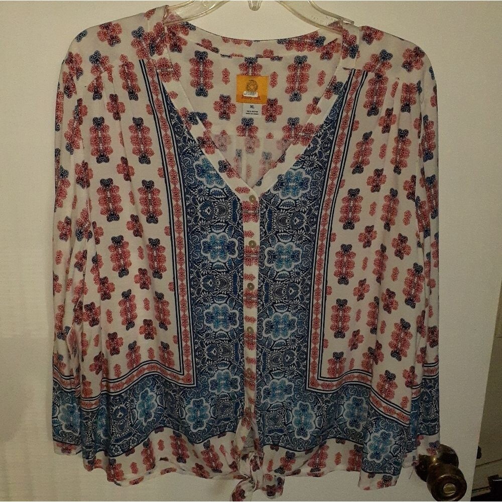 Ruby Road Tunic Top Boho Floral V-Neck Blouse Paisley Red Blue Xl Shirt Peasant
